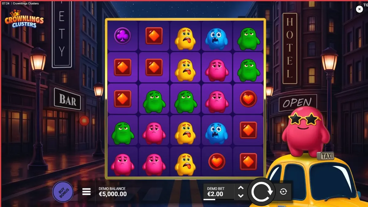 Visual vibrante e neon do slot Crownlings Clusters com personagens blobby coloridos