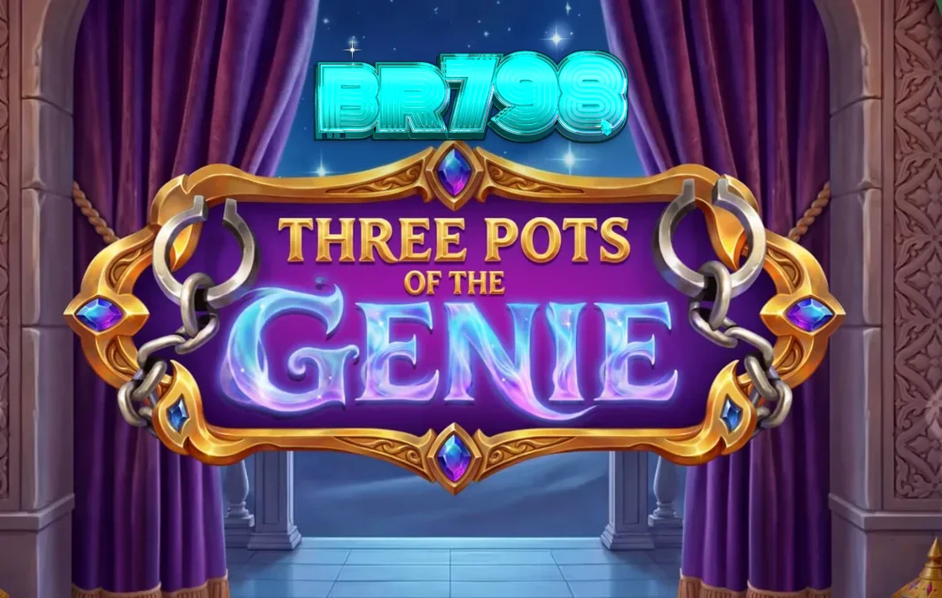 Interface do jogo de slot Three Pots of the Genie com elementos árabes e gemas brilhantes