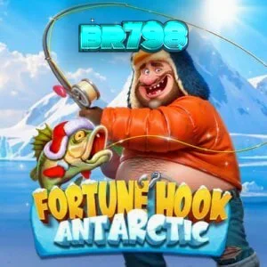 Interface do jogo Fortune Hook Antarctic com símbolos de peixes e pescador.