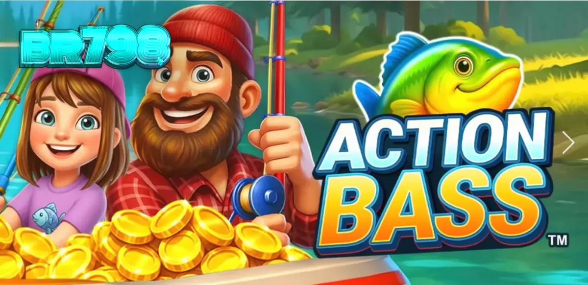 Interface do jogo de caça-níqueis Action Bass com tema de pesca
